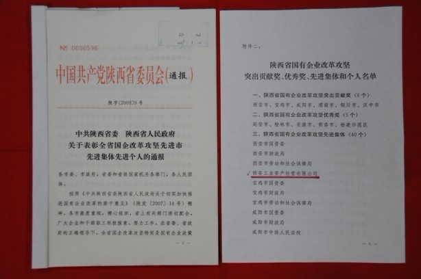 2009年2月，被陜西省委、省政府授予陜西省國有企業改革攻堅先進集體